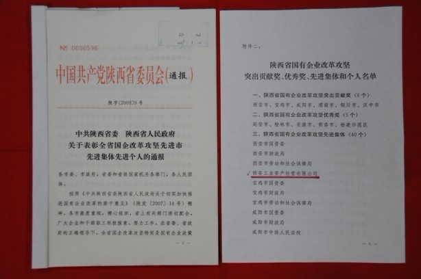 2009年2月，被陜西省委、省政府授予陜西省國有企業改革攻堅先進集體